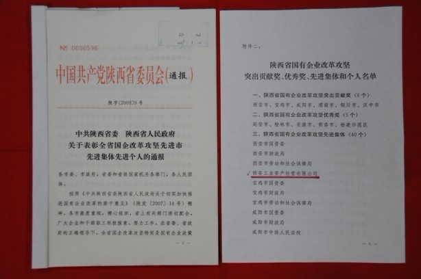 2009年2月，被陜西省委、省政府授予陜西省國有企業改革攻堅先進集體